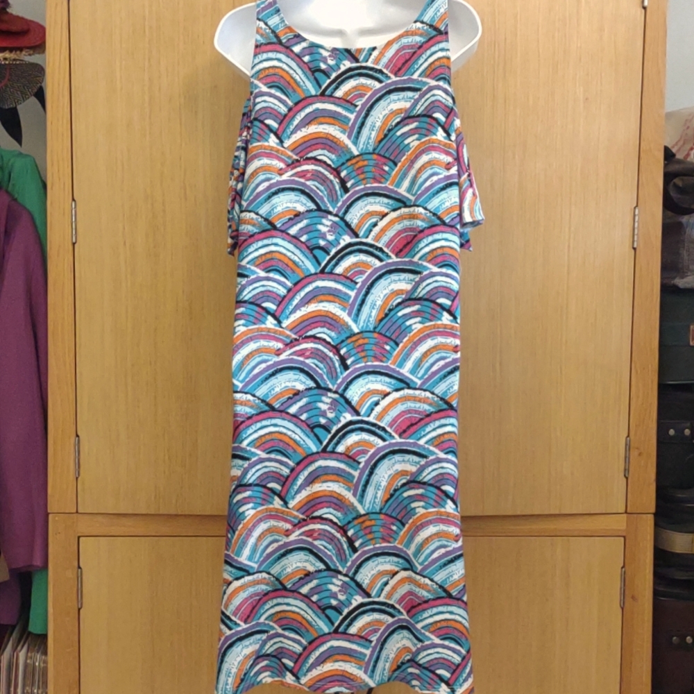 +SZ Cold Shoulder Blue/Orange Printed Dress SZ 1X By MSK Women - Picture 2 of 6